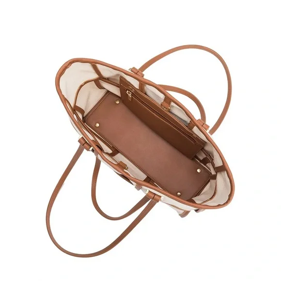 Melie Bianco Recycled Vegan Tote Bag in Tan & Cream - Picture 7 of 10